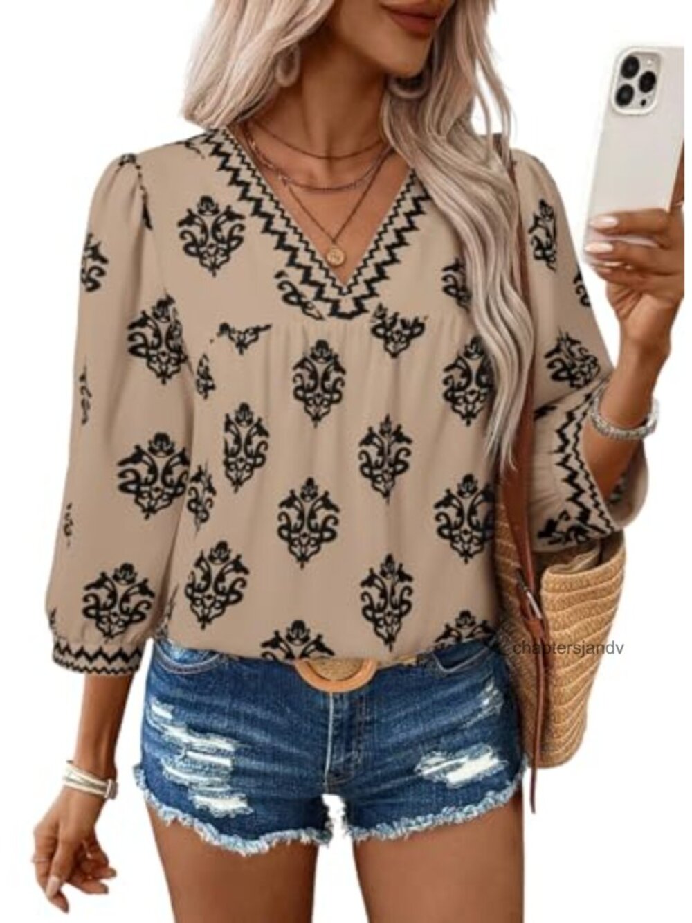 Women's Boho Floral Print Chiffon 3/4 Sleeve Blouse V Neck Peasant Top